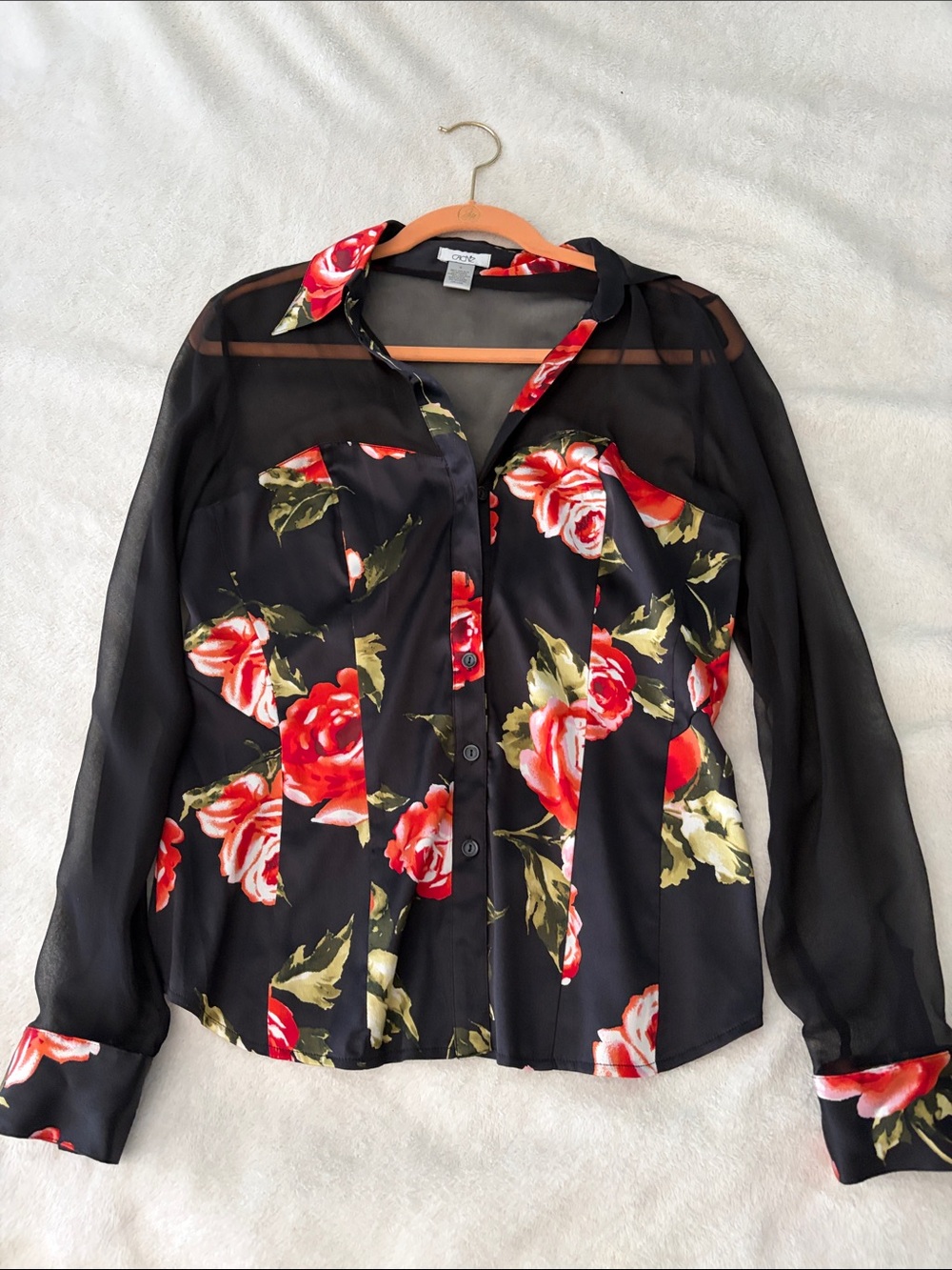 Cache Black Sheer Blouse with Red Rose Print